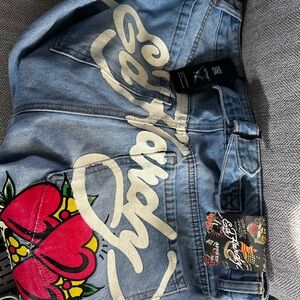 Ed Hardy Loose Fit Jeans Wide Leg High Rise Size 32 Embroidered Heart 90's NWT